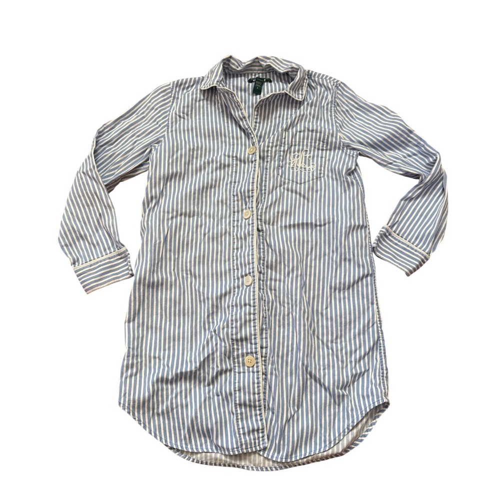 Lauren Ralph Lauren Nightshirt Women Blue Striped Button Up‎ Sleep Shirt SIZE S